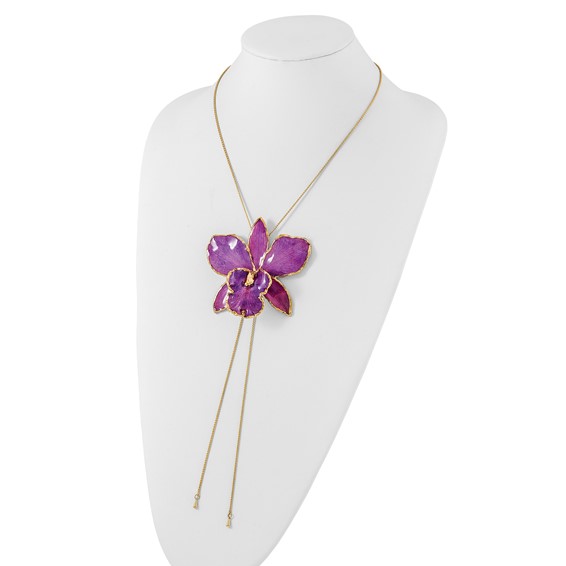 24K Gold-trim Lacquer Dipped Purple Real Cattleya Orchid Slip-on Adjustable Gold-tone Necklace