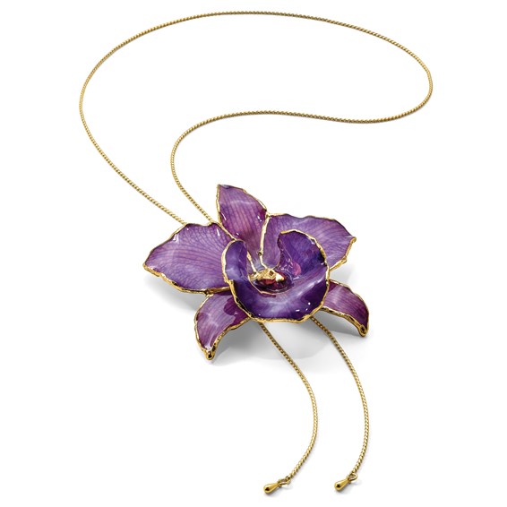 24K Gold-trim Lacquer Dipped Purple Real Cattleya Orchid Slip-on Adjustable Gold-tone Necklace