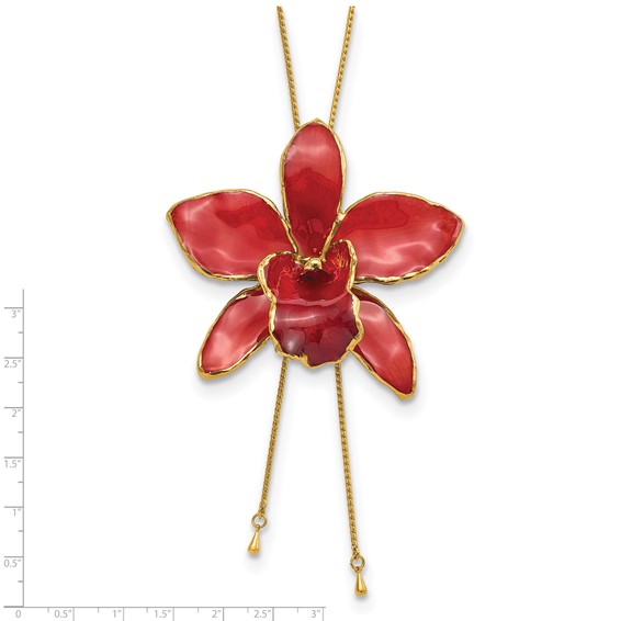 24K Gold-trim Lacquer Dipped Red Real Cattleya Orchid Slip-on Adjustable Gold-tone Necklace