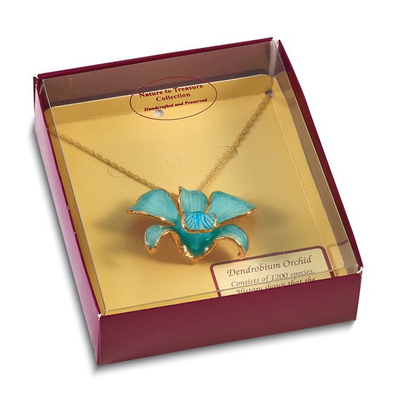 24K Gold-trim Lacquer Dipped Blue Real Dendrobium Orchid 20in Gold-tone Necklace