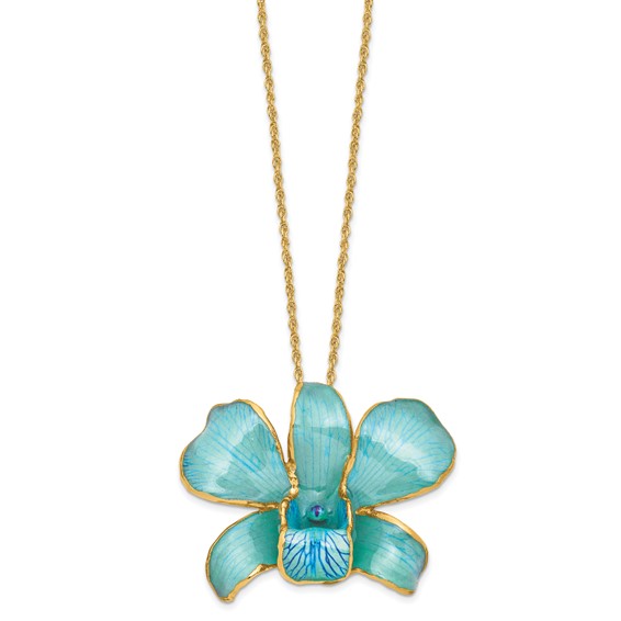 24K Gold-trim Lacquer Dipped Blue Real Dendrobium Orchid 20in Gold-tone Necklace