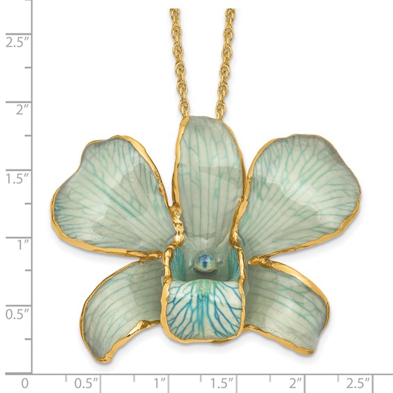 24K Gold-trim Lacquer Dipped Blue Real Dendrobium Orchid 20in Gold-tone Necklace