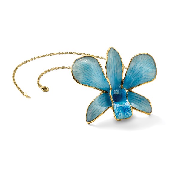 24K Gold-trim Lacquer Dipped Blue Real Dendrobium Orchid 20in Gold-tone Necklace