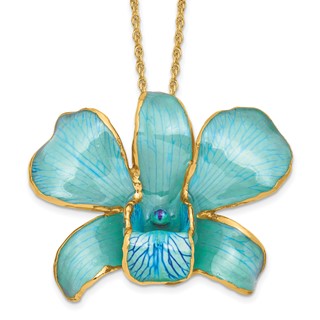 24K Gold-trim Lacquer Dipped Blue Real Dendrobium Orchid 20in Gold-tone Necklace