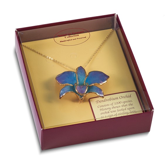 24K Gold-trim Lacquer Dipped Blue and Purple Real Dendrobium Orchid 20 inch Gold-tone Necklace