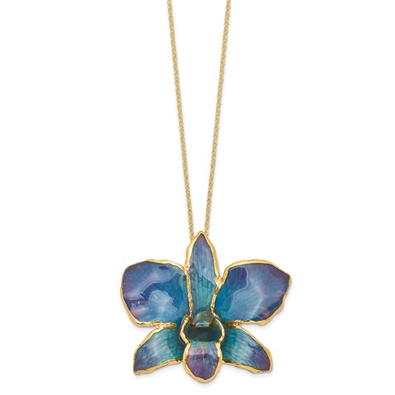 24K Gold-trim Lacquer Dipped Blue and Purple Real Dendrobium Orchid 20 inch Gold-tone Necklace