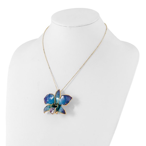24K Gold-trim Lacquer Dipped Blue and Purple Real Dendrobium Orchid 20 inch Gold-tone Necklace
