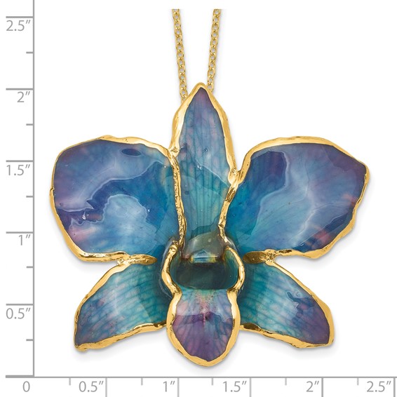 24K Gold-trim Lacquer Dipped Blue and Purple Real Dendrobium Orchid 20 inch Gold-tone Necklace