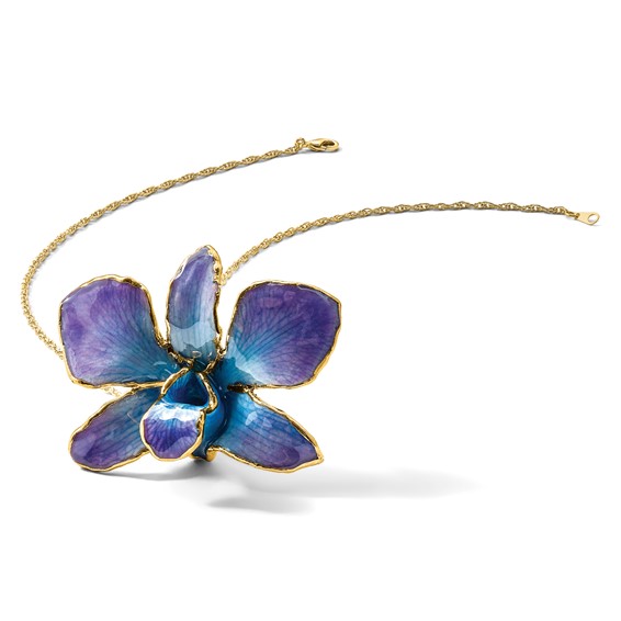 24K Gold-trim Lacquer Dipped Blue and Purple Real Dendrobium Orchid 20 inch Gold-tone Necklace