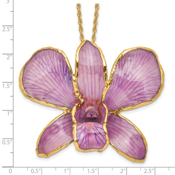 24K Gold-trim Lacquer Dipped Hot Lavender Real Dendrobium Orchid 20 inch Gold-tone Necklace