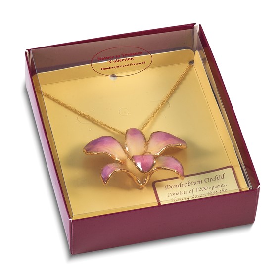 24K Gold-trim Lacquer Dipped White and Lilac Real Dendrobium Orchid 20 inch Gold-tone Necklace