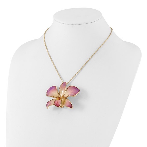 24K Gold-trim Lacquer Dipped White and Lilac Real Dendrobium Orchid 20 inch Gold-tone Necklace