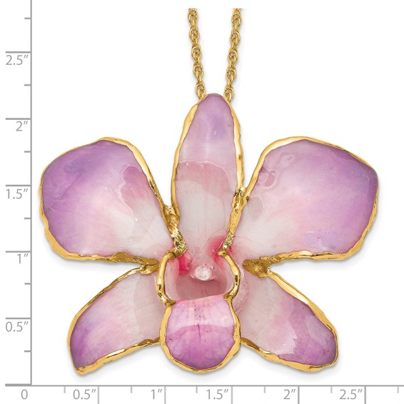 24K Gold-trim Lacquer Dipped White and Lilac Real Dendrobium Orchid 20 inch Gold-tone Necklace