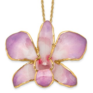 24K Gold-trim Lacquer Dipped White and Lilac Real Dendrobium Orchid 20 inch Gold-tone Necklace