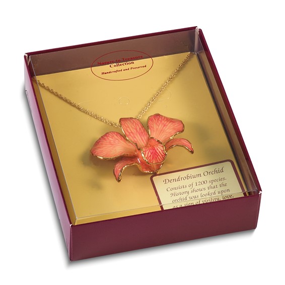 24K Gold-trim Lacquer Dipped Pink Real Dendrobium Orchid 20 inch Gold-tone Necklace