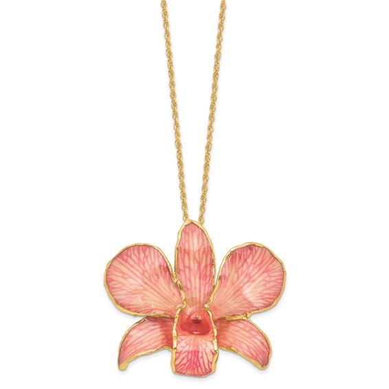 24K Gold-trim Lacquer Dipped Pink Real Dendrobium Orchid 20 inch Gold-tone Necklace