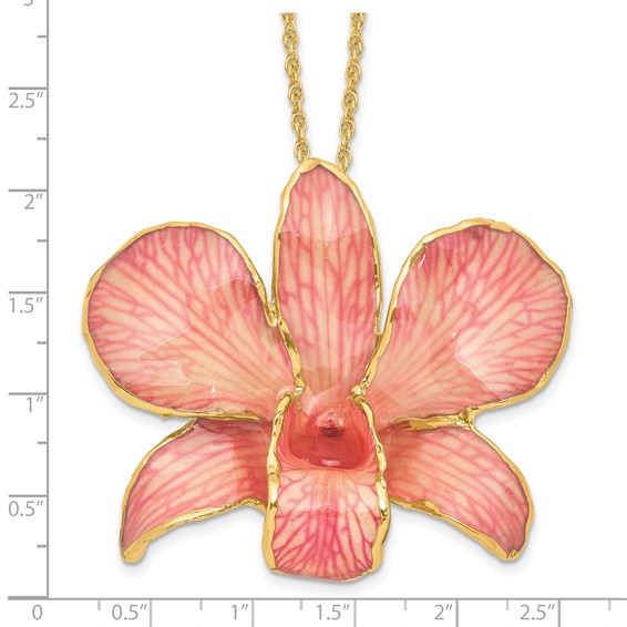24K Gold-trim Lacquer Dipped Pink Real Dendrobium Orchid 20 inch Gold-tone Necklace
