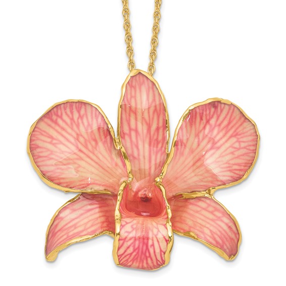24K Gold-trim Lacquer Dipped Pink Real Dendrobium Orchid 20 inch Gold-tone Necklace