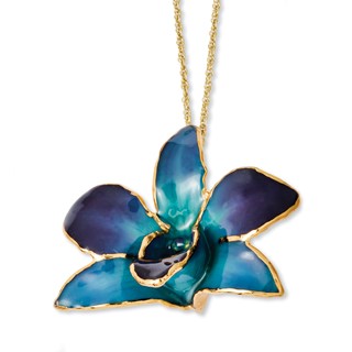 24K Gold-trim Lacquer Dipped Purple and Blue Real Dendrobium Orchid 20 inch Gold-tone Necklace