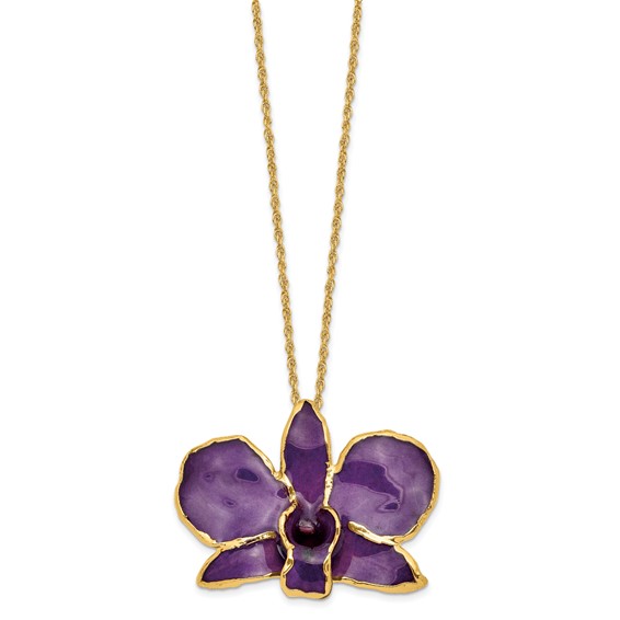 24K Gold-trim Lacquer Dipped Purple Real Dendrobium Orchid 20 inch Gold-tone Necklace