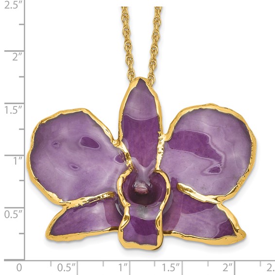 24K Gold-trim Lacquer Dipped Purple Real Dendrobium Orchid 20 inch Gold-tone Necklace