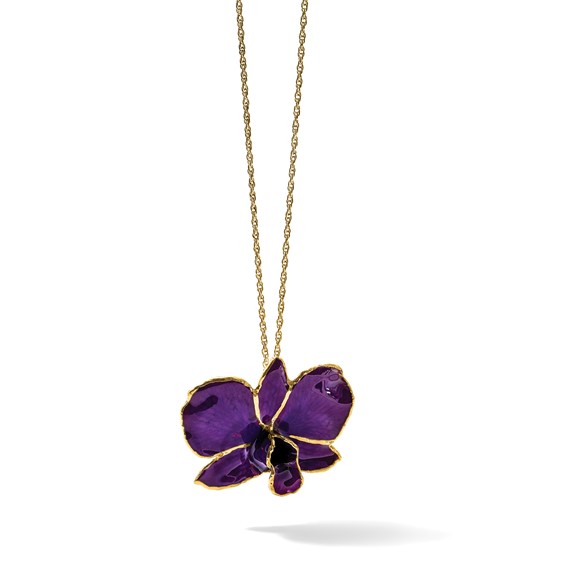 24K Gold-trim Lacquer Dipped Purple Real Dendrobium Orchid 20 inch Gold-tone Necklace