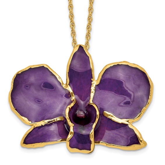 24K Gold-trim Lacquer Dipped Purple Real Dendrobium Orchid 20 inch Gold-tone Necklace