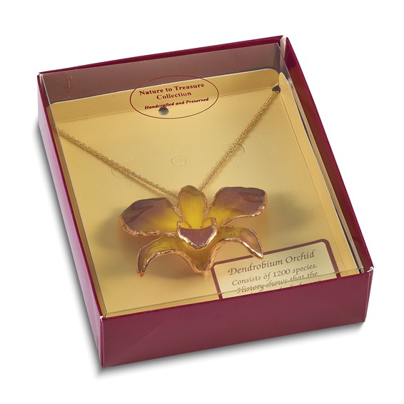 24K Gold-trim Lacquer Dipped Purple and Yellow Real Dendrobium Orchid 20 inch Gold-tone Necklace