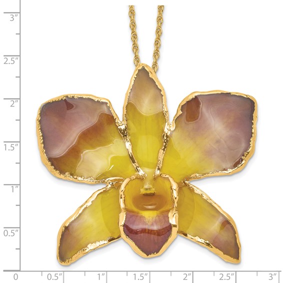 24K Gold-trim Lacquer Dipped Purple and Yellow Real Dendrobium Orchid 20 inch Gold-tone Necklace
