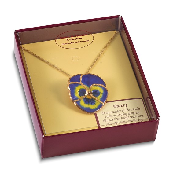 24K Gold-trim Lacquer Dipped Blue Real Pansy with 20 inch Gold-tone Necklace