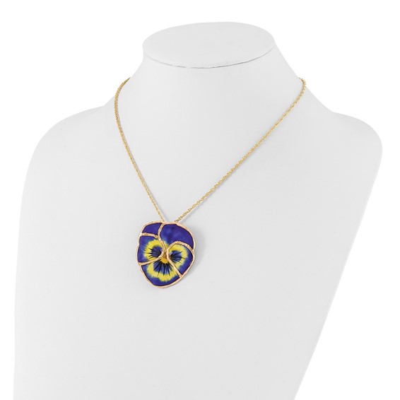 24K Gold-trim Lacquer Dipped Blue Real Pansy with 20 inch Gold-tone Necklace