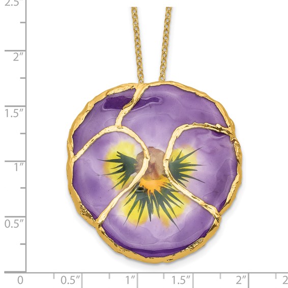 24K Gold-trim Lacquer Dipped Lilac Real Pansy 20 inch Gold-tone Necklace