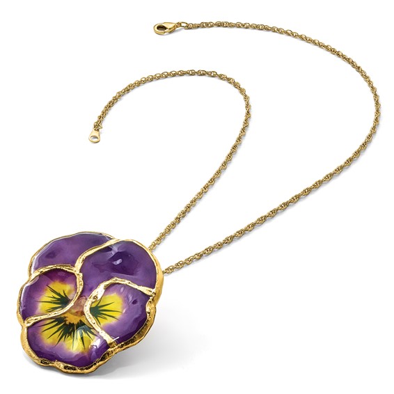 24K Gold-trim Lacquer Dipped Lilac Real Pansy 20 inch Gold-tone Necklace