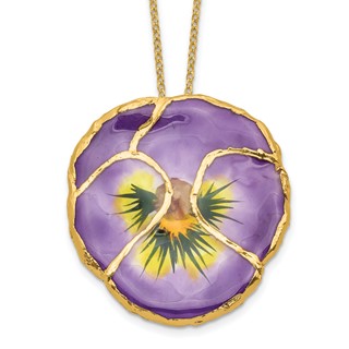 24K Gold-trim Lacquer Dipped Lilac Real Pansy 20 inch Gold-tone Necklace