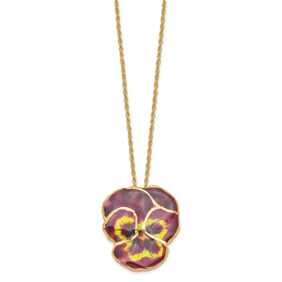 24K Gold-trim Lacquer Dipped Violet Real Pansy 20 inch Gold-tone Necklace