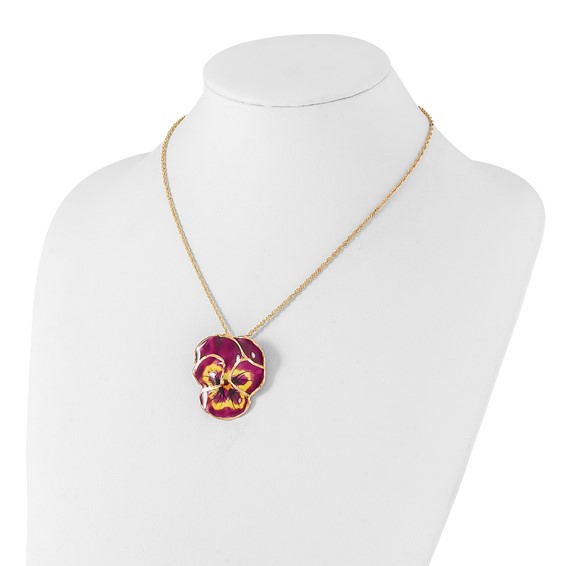 24K Gold-trim Lacquer Dipped Violet Real Pansy 20 inch Gold-tone Necklace