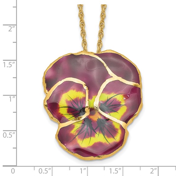 24K Gold-trim Lacquer Dipped Violet Real Pansy 20 inch Gold-tone Necklace