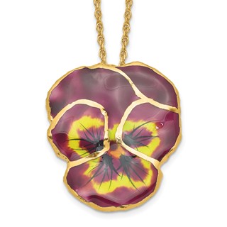 24K Gold-trim Lacquer Dipped Violet Real Pansy 20 inch Gold-tone Necklace