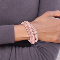 Rose Pink Quartz and Crystal Beaded Bracelet with Pink Leather Cord Plus 1 Inch Multi-wrap, 20" view 4