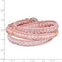 Rose Pink Quartz and Crystal Beaded Bracelet with Pink Leather Cord Plus 1 Inch Multi-wrap, 20" view 2