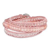 Rose Pink Quartz and Crystal Beaded Bracelet with Pink Leather Cord Plus 1 Inch Multi-wrap, 20" view 1