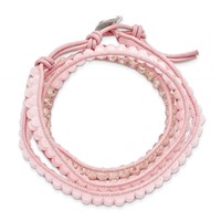 Rose Quartz Beaded Bracelet with Pink Leather Cord Plus 1 Inch Multi-wrap Brass Button, 20" view 2