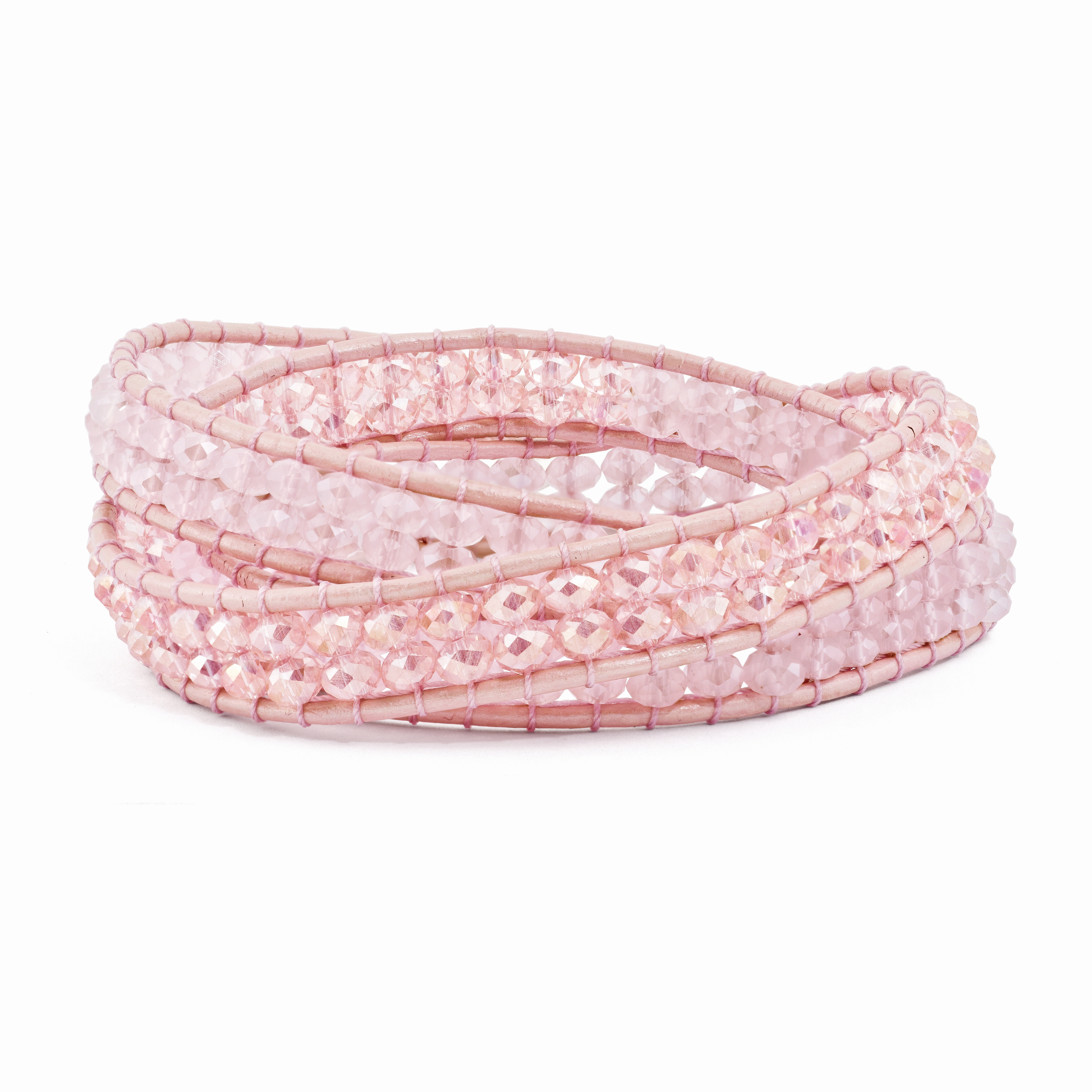 Pink Leather Rose Quartz Beaded Multi Wrap Brass Button Bracelet (BF2092)