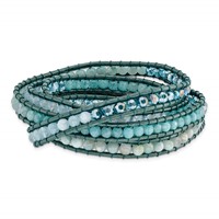 Amazonite Crystal Blue Quartz Bracelet with Leather Cord Plus 1 Inch Multi-wrap, 34" view 1