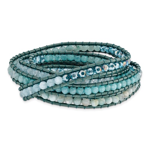 Amazonite Crystal Blue Quartz Bracelet with Leather Cord Plus 1 Inch Multi-wrap, 34"