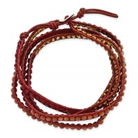 Crystal Red Quartz Red Sandstone Beaded Bracelet with Leather Cord Plus 2 Inch Multi-wrap, 34" view 3