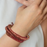 Crystal Red Quartz Red Sandstone Beaded Bracelet with Leather Cord Plus 2 Inch Multi-wrap, 34" view 4