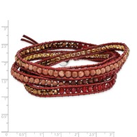 Crystal Red Quartz Red Sandstone Beaded Bracelet with Leather Cord Plus 2 Inch Multi-wrap, 34" view 2