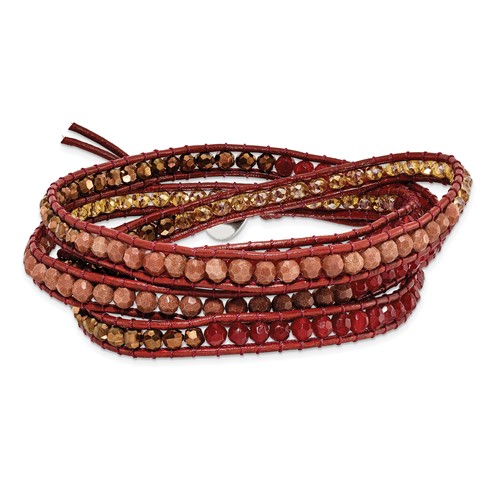 Crystal Red Quartz Red Sandstone Beaded Bracelet with Leather Cord Plus 2 Inch Multi-wrap, 34"