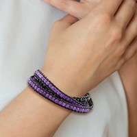 Black Crystal Purple Quartz Beads Bracelet with Black Leather Cord Plus 1 Inch Multi-wrap, 34" view 2
